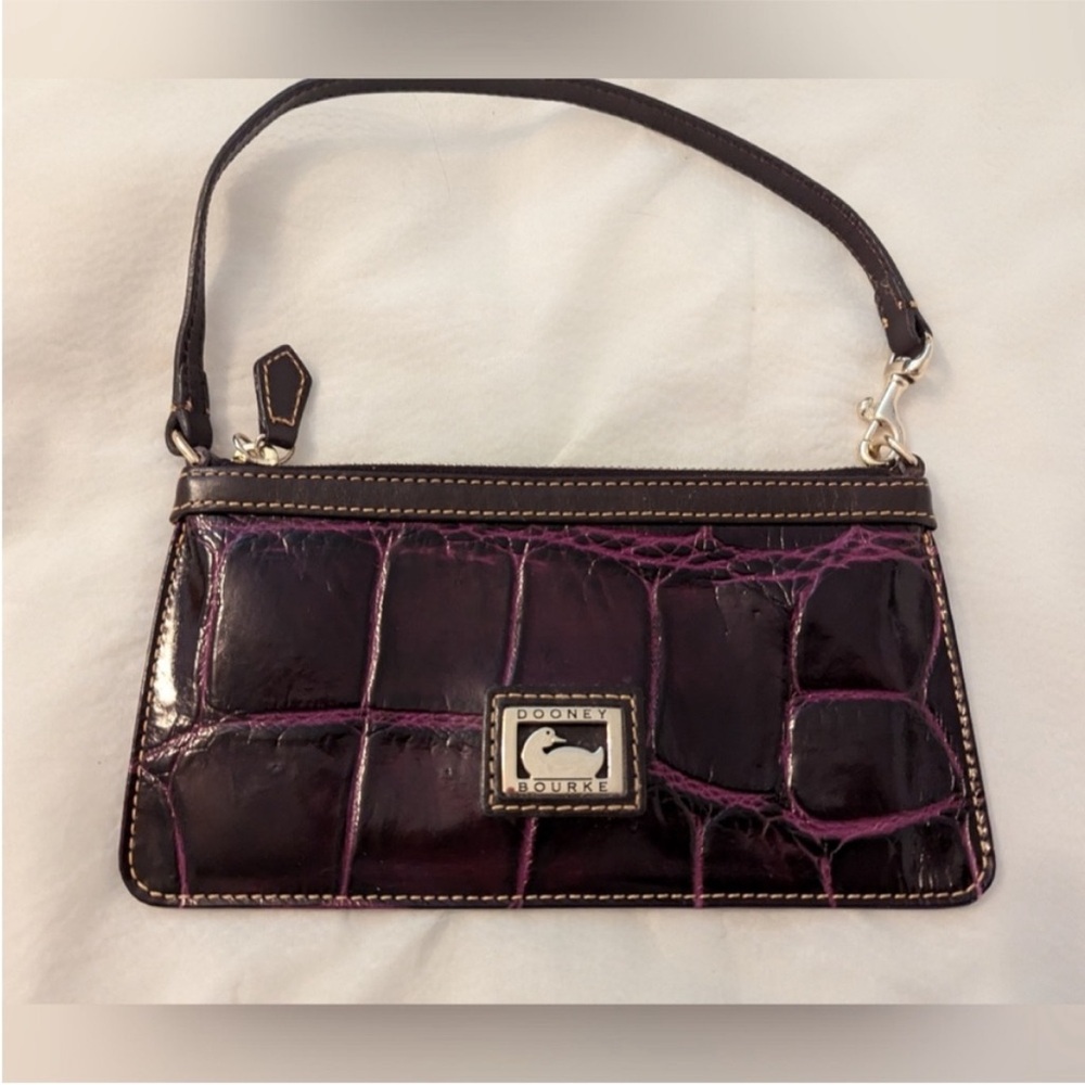 Dooney Bourke Croc Embossed Leather Large Slim Wristlet Bag Wallet Dark Purple